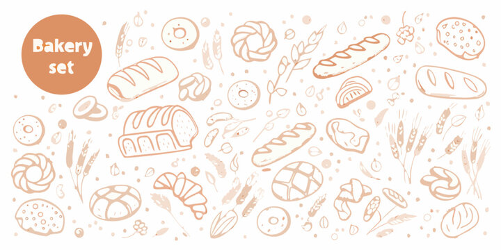 Hand drawn bakery set with bread croissants donuts and wheat ears in a simple doodle style