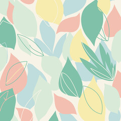 Seamless pattern with abstract pastel colored leaves on a light background, featuring a gentle and decorative design.