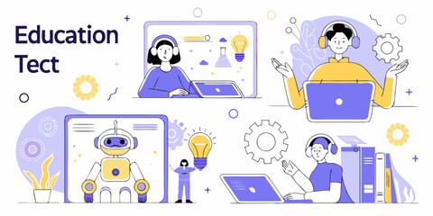 Modern education technology and online learning concepts with people and robots