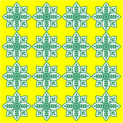 A bright geometric pattern of green leaf-shaped stars arranged symmetrically over a vivid yellow background, symbolizing freshness, balance, and the rhythm of nature.