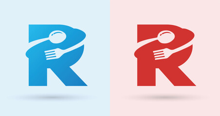 Letter R Spoon Fork Food Monogram Logo For Restaurant Brand Identity Modern Minimal Design Template

