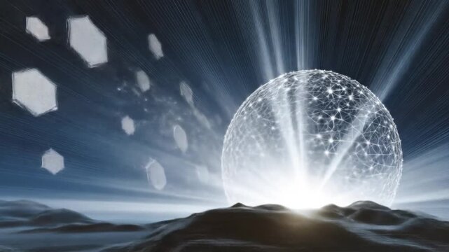 Abstract cgi animation futuristic sphere and geometric shapes emerge in dark space