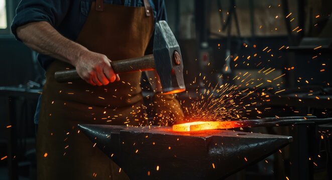 A blacksmith skillfully hammers a glowing piece of metal on an anvil, creating sparks. - Powered by Adobe