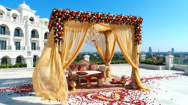 Ornate Wedding Mandap Decorated With Flowers And Red Rose Petals On A Rooftop Terrace With A Distant Cityscape Under Clear Blue Sky