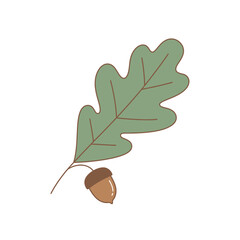 Illustration of a green oak leaf with a brown acorn, simple and clean design.