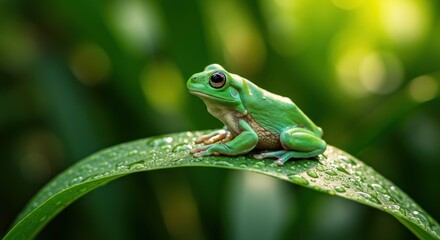 Fototapeta premium A vibrant green frog rests peacefully on a lush, curved leaf in a natural setting.