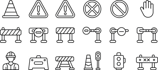 Road Construction and Traffic Safety Icons Collection Emphasizing Caution and Regulation for Safe Passage