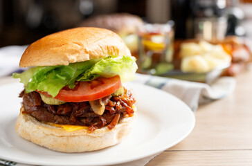 hamburger on a wooden table