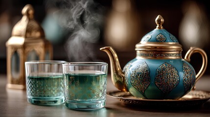 Blue Moroccan Teapot with Mint Tea Glasses