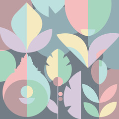 Geometric floral pattern with pastel colors on a gray background.