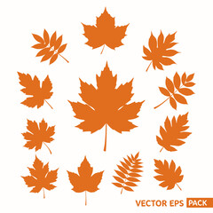 A collection of various orange autumn leaf silhouettes isolated on a white background.