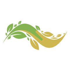 Green and gold wave with leaves logo design.