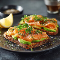 Toasts on black bread with avocado and lightly salted salmon.