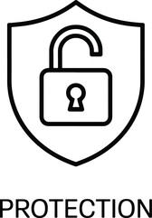 Protection icon with unlocked padlock on a shield representing cybersecurity and data safety technology with modern simplicity