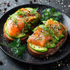 Toasts on black bread with avocado and lightly salted salmon.