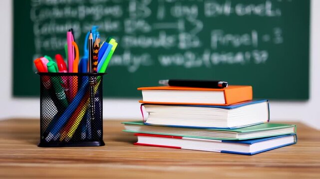 Classroom Essentials - Books, Pens, and Blackboard for Education and Learning.