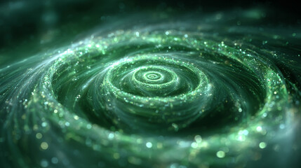 green spiral glows vividly against a dark background, symbolizing focus, energy, and mental clarity. The abstract spiral conveys concentration, balance, and meditative visualization.