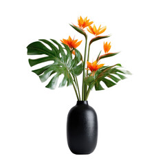 A vibrant tropical arrangement featuring orange flowers and green leaves in a sleek black vase