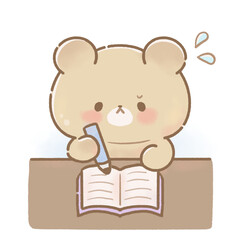 Cute Bear Studying Hard Illustration, Kawaii Character with Sweat and Serious Face, Transparent Background