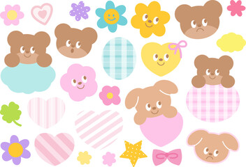 Cute vector illustrations of teddy bear, puppy, heart, flowers, ribbon, clover leaf, star for animal, zoo, pet shop, cartoon character, comic, decorations, stickers, cute patch, brooch, pin, tattoo