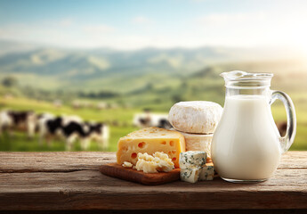 A jug of milk and original cow's milk cheese.