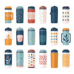 Illustration of a collection of various decorated water bottles shown transparent background, png