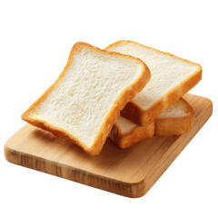 Three fresh slices of white sandwich bread with a toasted golden crust rest on a light wooden cutting board isolated on a black background
