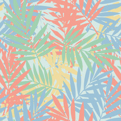 A seamless pattern of palm fronds in pastel shades of coral, yellow, mint green, and baby blue against a light blue background.