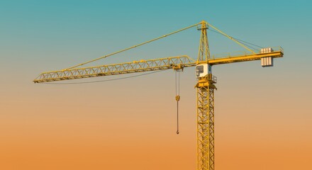 A yellow construction crane stands tall against a gradient sky of orange and blue.