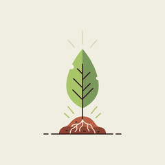 A simple illustration of a green plant growing from the soil with roots and a single leaf.