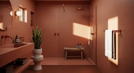 Fototapeta premium Modern Terracotta Bathroom Interior with Warm Sunlight and Minimalist Aesthetic.