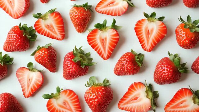 Red ripe strawberries, both whole and cut in half, are evenly spread on a clean white background. Juicy fruits with seeds and green tops. Natural food concept.