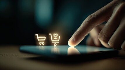 marketing strategy content behavior. A finger interacts with a smartphone displaying digital shopping carts.