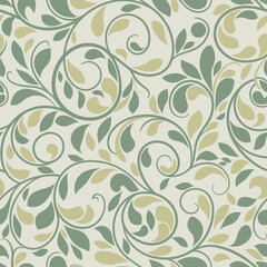 A seamless pattern of swirling green and beige leaves and vines on a light background.