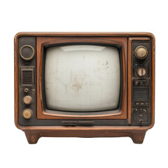 A vintage television set with a wooden frame and a blank white screen transparent background, png