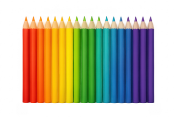 Colored pencils creating rainbow color spectrum on transparent background