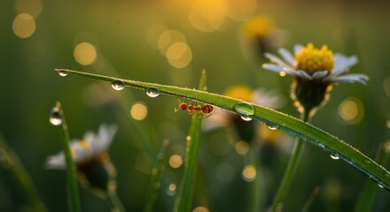 An ant crawls on a blade of grass with water droplets, with daisies and bokeh in the background.