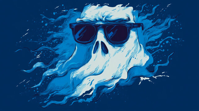Spooky and scary illustration of ghost over blue background. Halloween wallpaper.