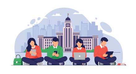A diverse group of young students using technology for learning.
