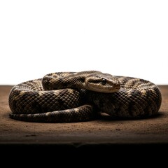 Naklejka premium Coiled Snake with Brown and Black Scales on Dark Surface with White Background