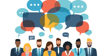 Diverse group of people communicating and sharing ideas with speech bubbles.