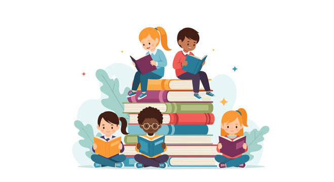 Diverse group of children engrossed in reading books together.