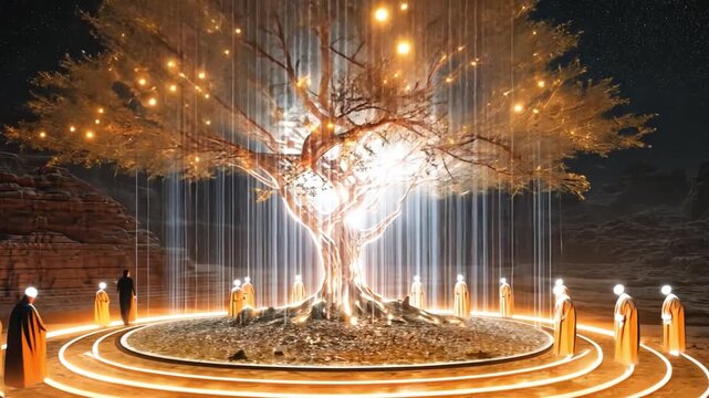 Illuminated Sanctuary: Mystical scene unfolds, the focal point a luminous tree at the heart of the landscape, encircled by a ring of figures, all bathed in an ethereal, golden glow. 