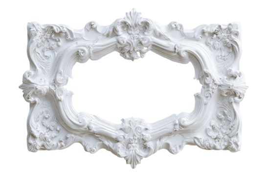 Ornate white rectangular frame, highly detailed carvings, isolated on black background - Powered by Adobe