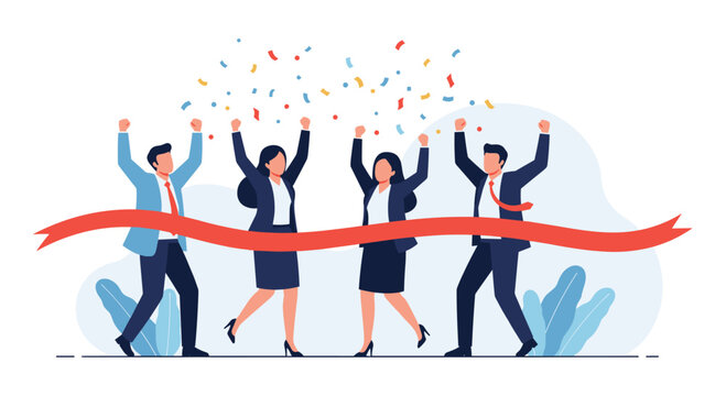Business team celebrates victory crossing the red finish line together.