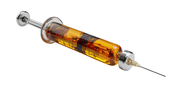 Close-up of a filled syringe with metallic accents on a black background