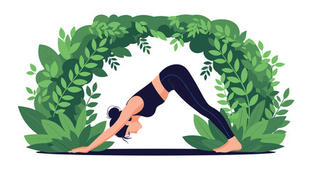 Woman Practicing Downward-Facing Dog Yoga Pose Amidst Lush Greenery.