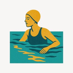 Woman Swimmer in Water with Swim Cap and Swimsuit, Retro Textured Illustration Style