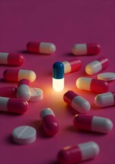 Glowing blue pill standing out among pink capsules on a pink background