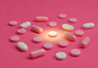 Glowing pill standing out among pink tablets on pink background